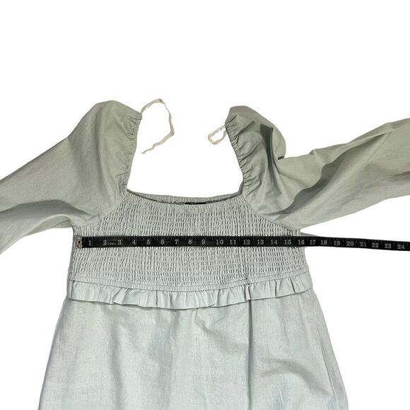 7 For All Mankind Midi Dress Large Light Blue Heavy Linen Smocked Square Neck - Picture 9 of 13